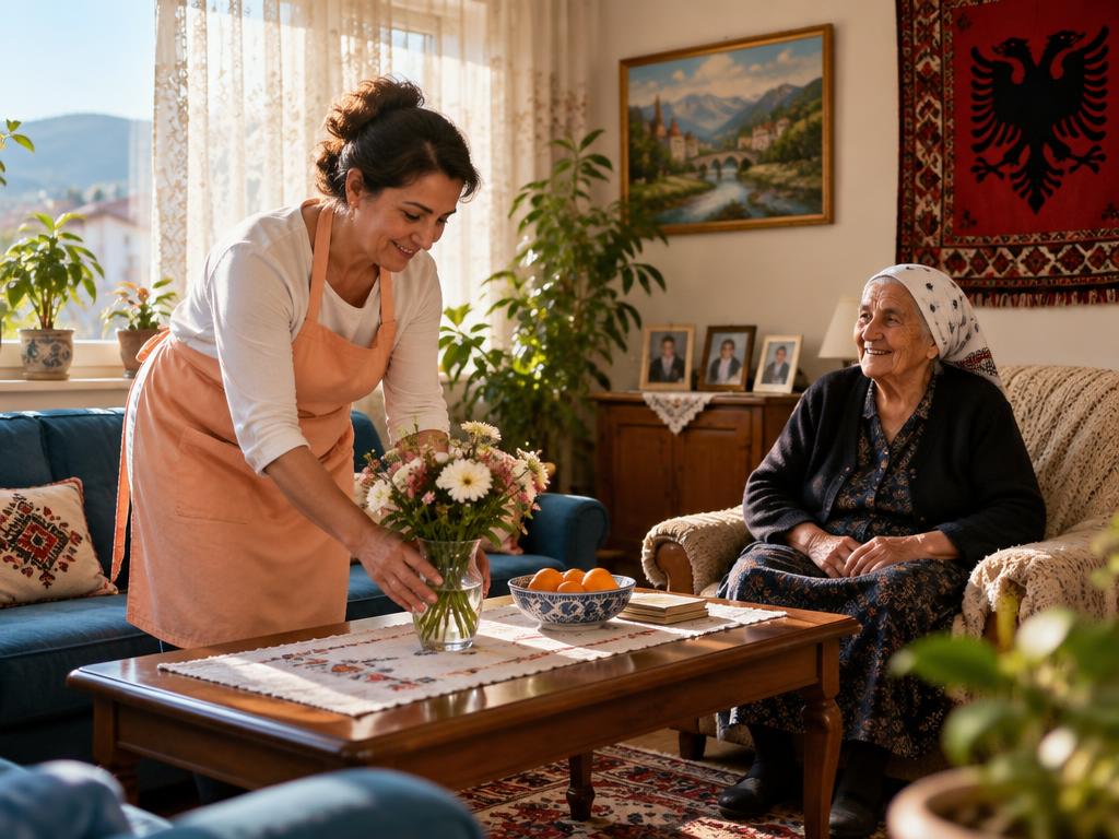 Kujdestaria rregullon dhomën e ndenjes teksa nëna e moshuar qesh pranë