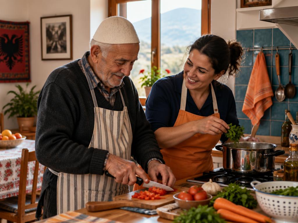 Babai i moshuar dhe kujdestaria gatuajnë bashkë në kuzhinë