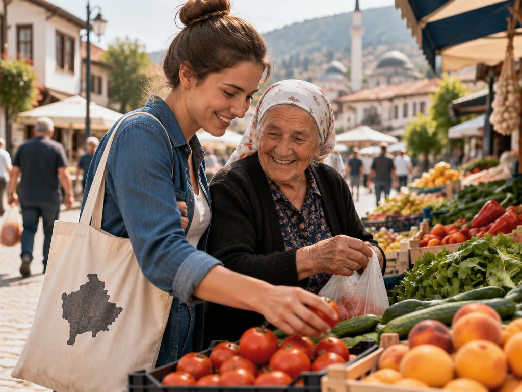 Kujdestaria dhe gjyshja zgjedhin fruta e perime në pazarin e qytetit