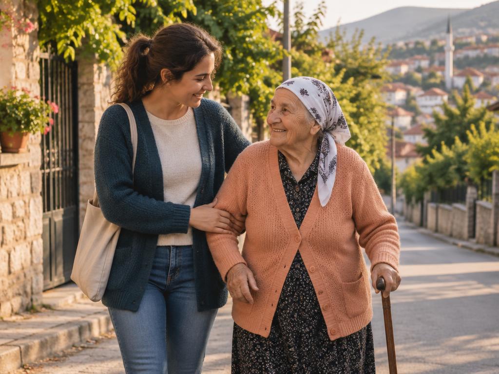 Kujdestaria ecën krah për krah me gjyshen në rrugën e lagjes